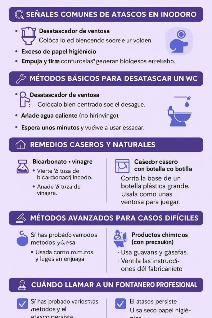 infografía de los puntos más importantes para desatascar un WC