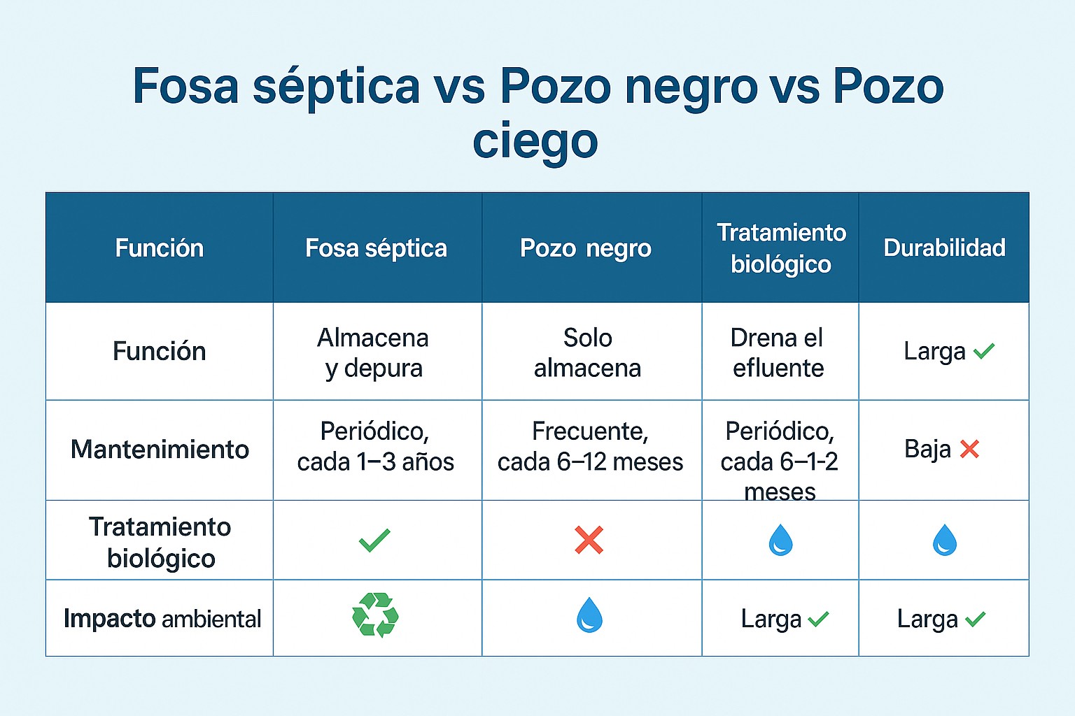 Comparativa entre fosa séptica, pozo negro y pozo ciego