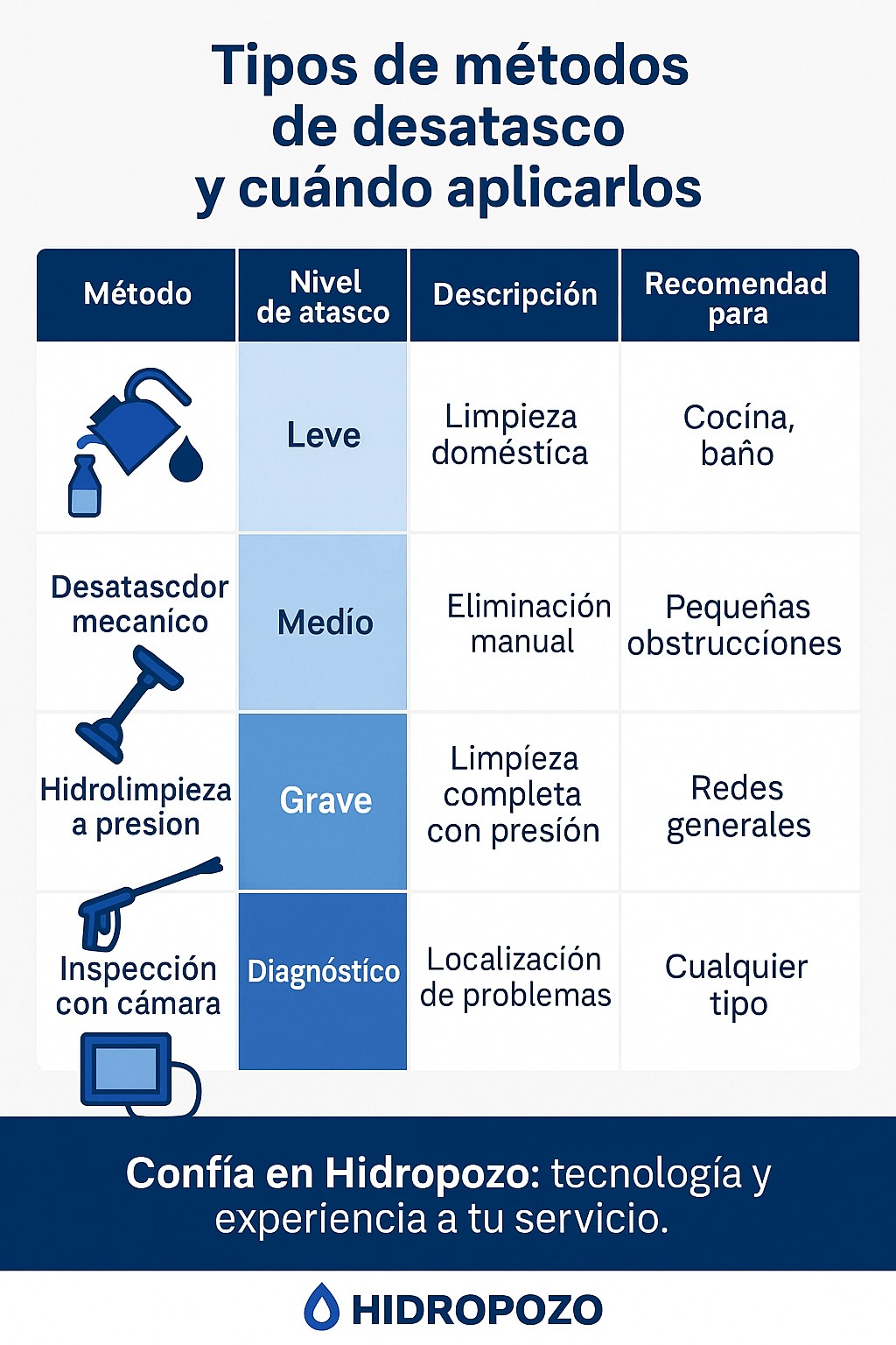 Tipos o métodos de desatascos según su gravedad