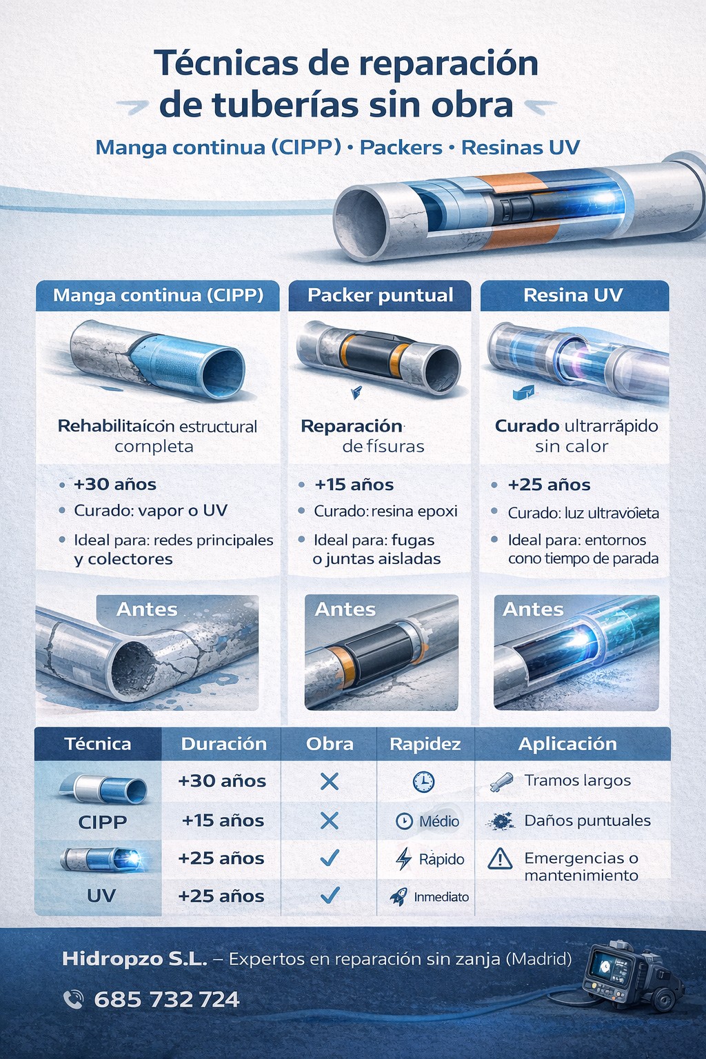 Infografía sobre técnicas de reparación de tuberías sin obra