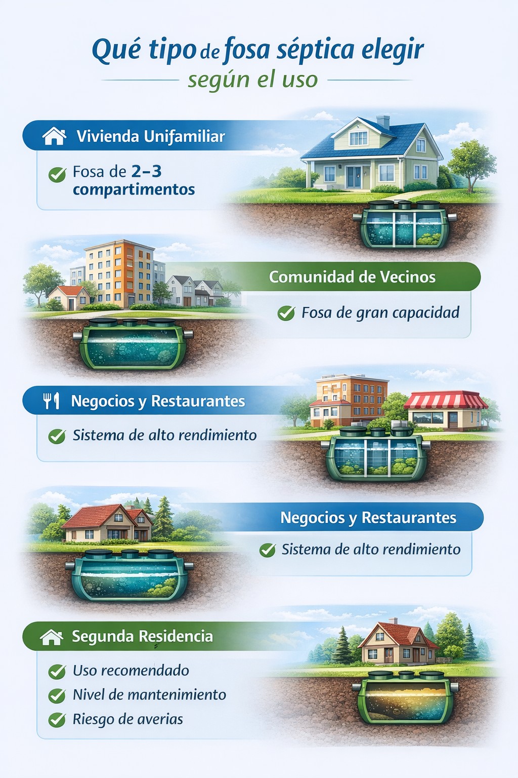 Infografía sobre qué tipo de fosa séptica elegir según el uso