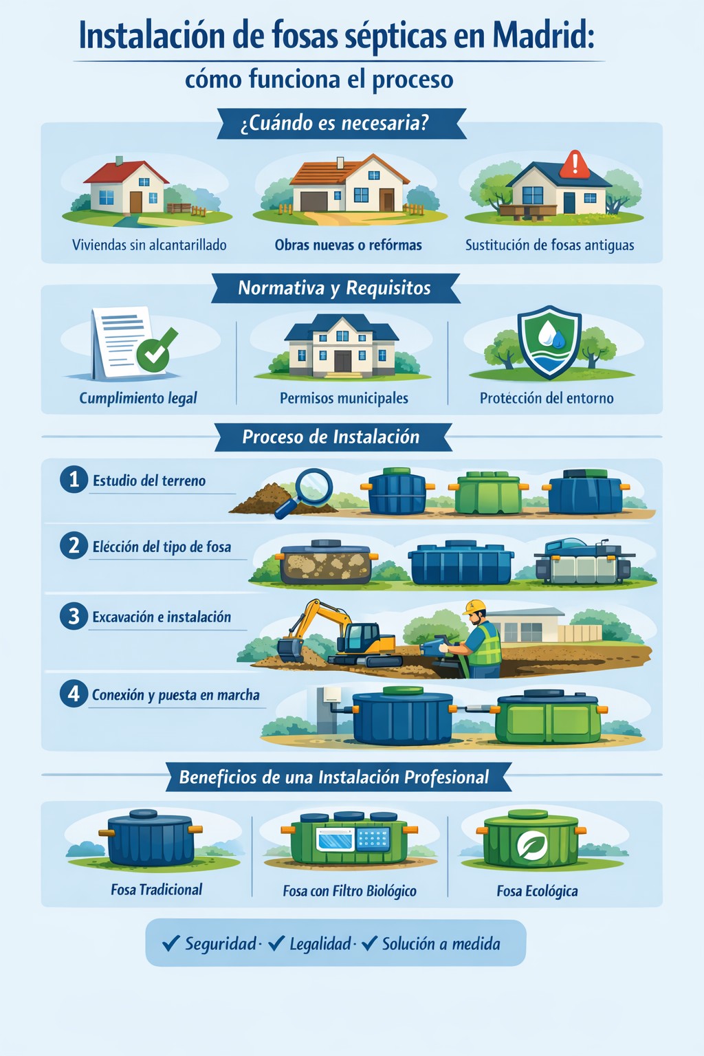 Infografía de la instalación de una fosa séptica paso a paso