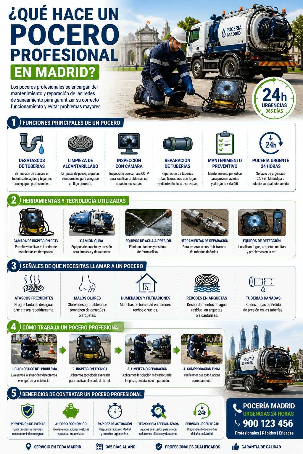 Infografía sobre funciones y servicios de un pocero profesional en Madrid