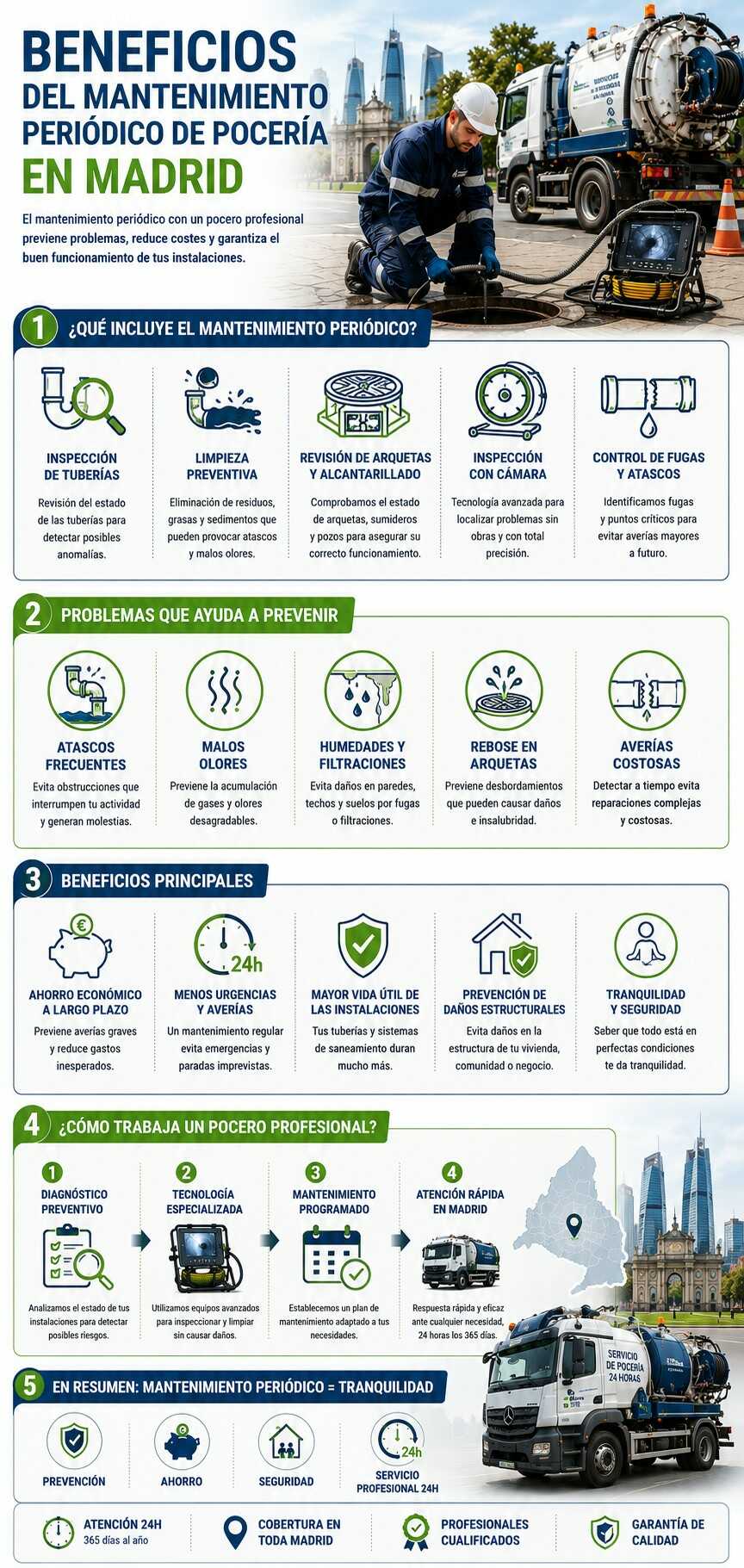 Infografía sobre mantenimiento periódico de pocería en Madrid