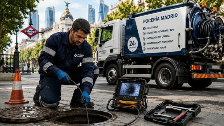 Pocero profesional realizando inspección de saneamiento en Madrid