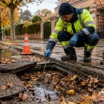 Atasco en arqueta por acumulación de hojas y barro durante el otoño en Madrid