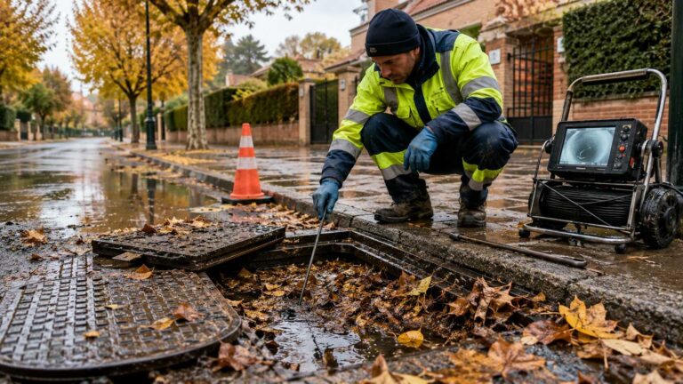 Atasco en arqueta por acumulación de hojas y barro durante el otoño en Madrid