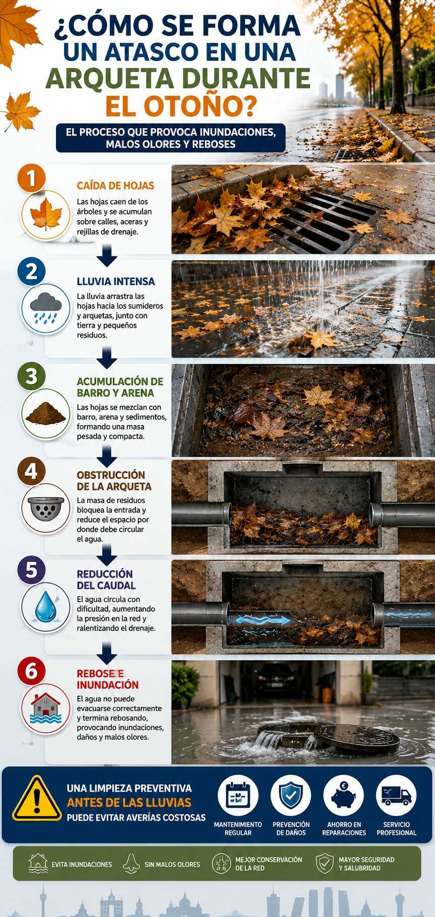 Infografía sobre cómo prevenir atascos en arquetas durante el otoño en Madrid