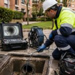 Técnico realizando una inspección de tuberías con cámara CCTV en Madrid para detectar averías y atascos