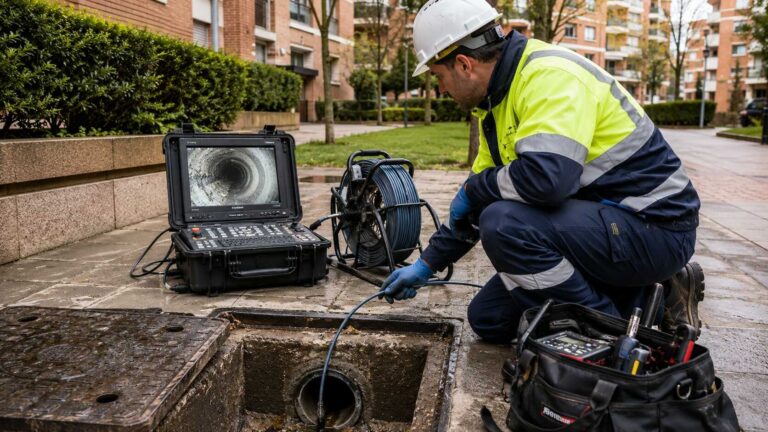 Técnico realizando una inspección de tuberías con cámara CCTV en Madrid para detectar averías y atascos