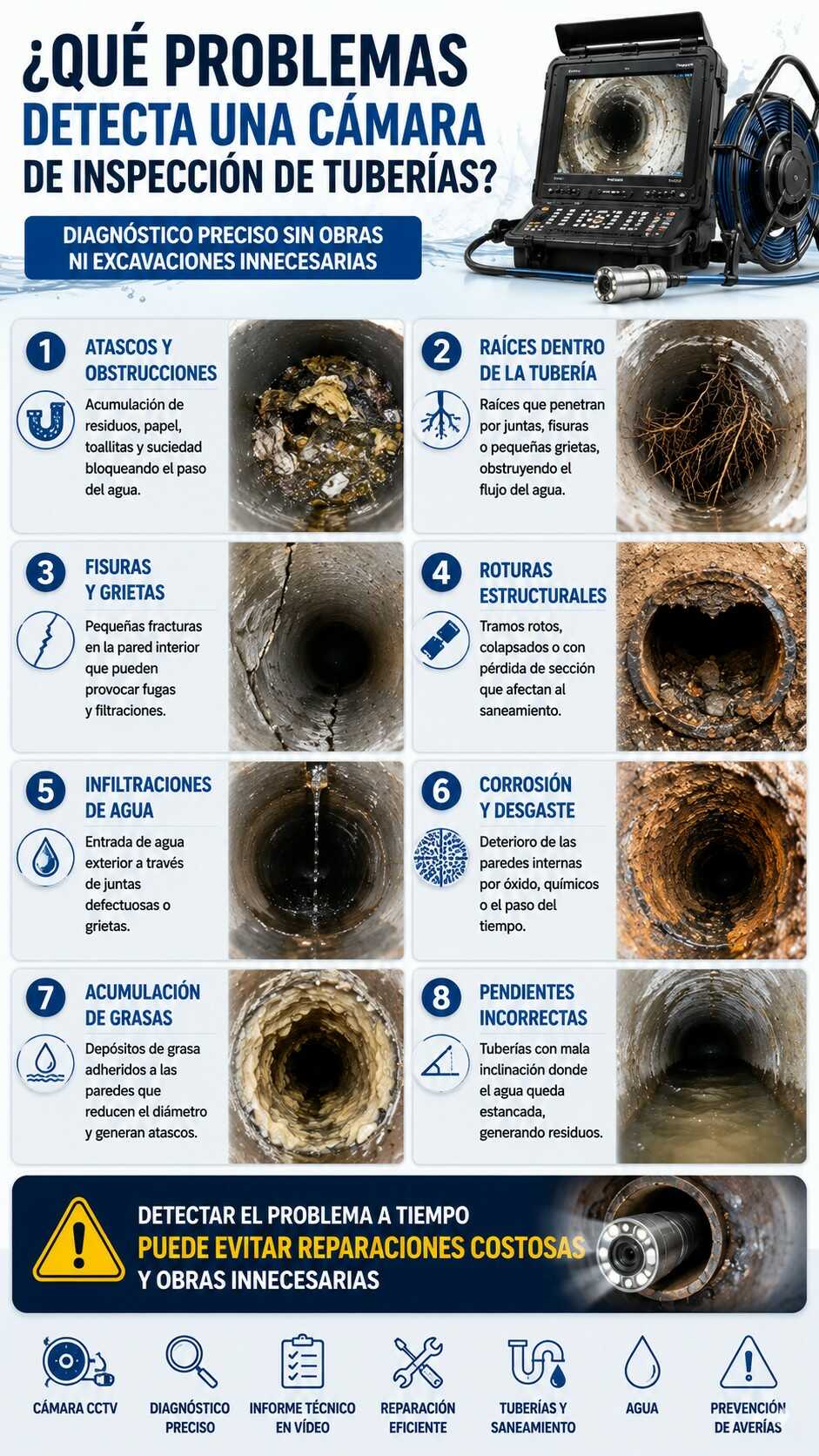 Infografía sobre los problemas que detecta una cámara CCTV durante una inspección profesional de tuberías