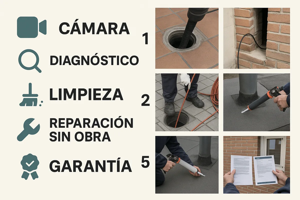cámara → diagnóstico → limpieza → reparación sin obra → garantía