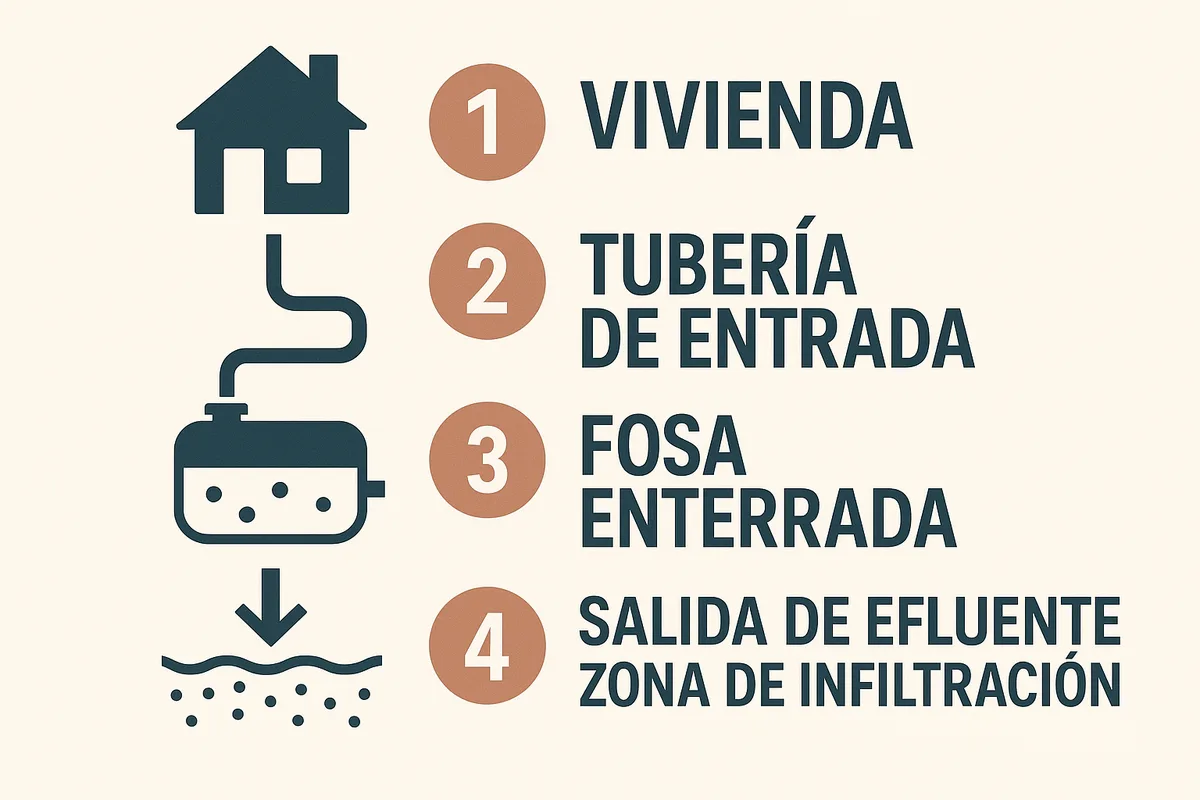 sencillo con la vivienda, tubería de entrada, fosa enterrada, salida de efluente y zona de infiltración. Este recurso ayuda m
