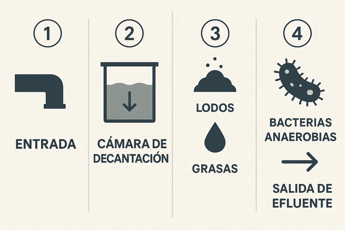 etiquetas: entrada, cámara de decantación, lodos, grasas, bacterias anaerobias, filtro, salida de efluente y drenaje