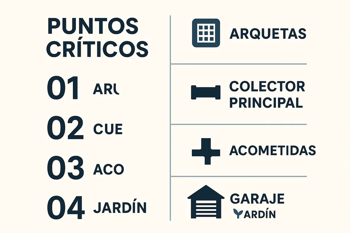 lateral de una urbanización con puntos críticos marcados: arquetas, colector principal, acometidas, garaje, jardín y conexión