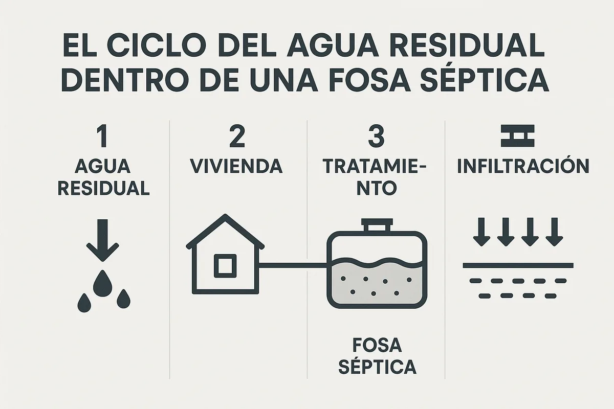 El ciclo del agua residual dentro de una fosa séptica
