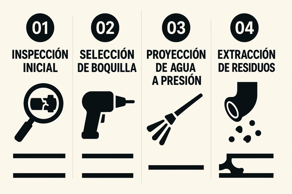 4 fases: inspección inicial, selección de boquilla, proyección de agua a presión y extracción de residuos
