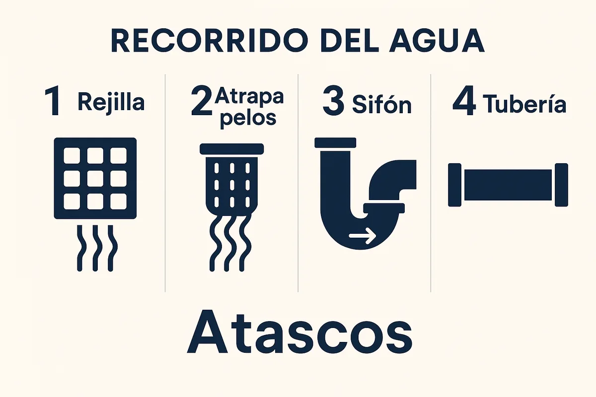 sencilla con el recorrido del agua: rejilla → atrapa pelos → sifón → tubería, marcando dónde suelen formarse los atascos