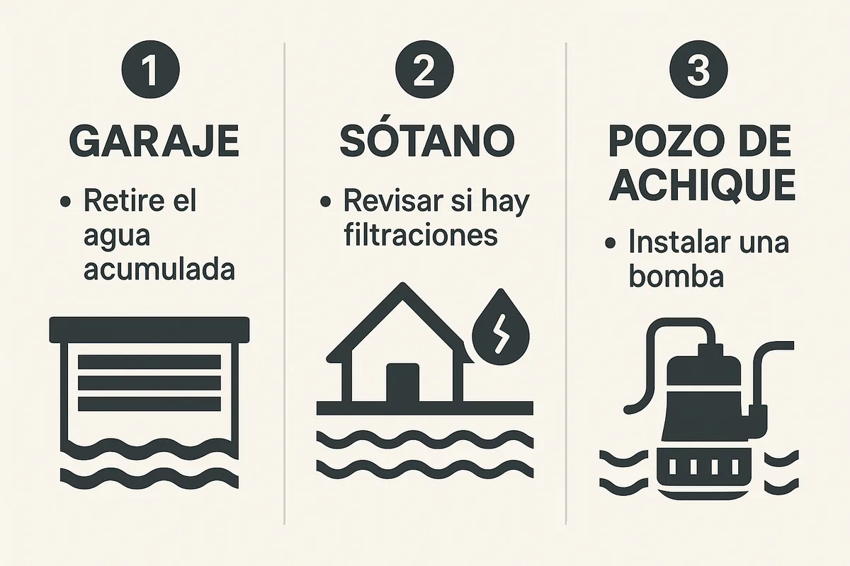 sencilla con tres zonas: garaje , sótano y pozo de achique , indicando dónde se coloca la bomba y hacia dónde impulsa el agua