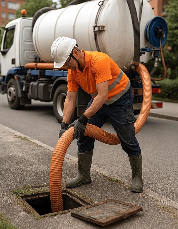 operario realizando achique de agua con manguera de alta presión en una calle de Madrid.