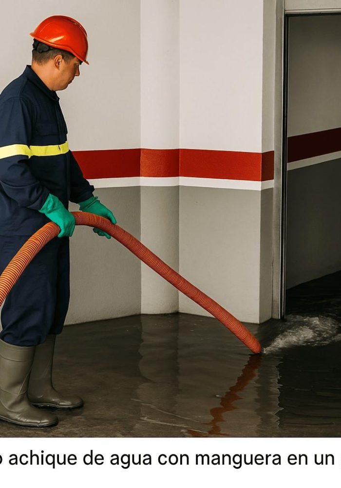 operario achicando agua con bomba en garaje inundado en Madrid tras fuertes lluvias.