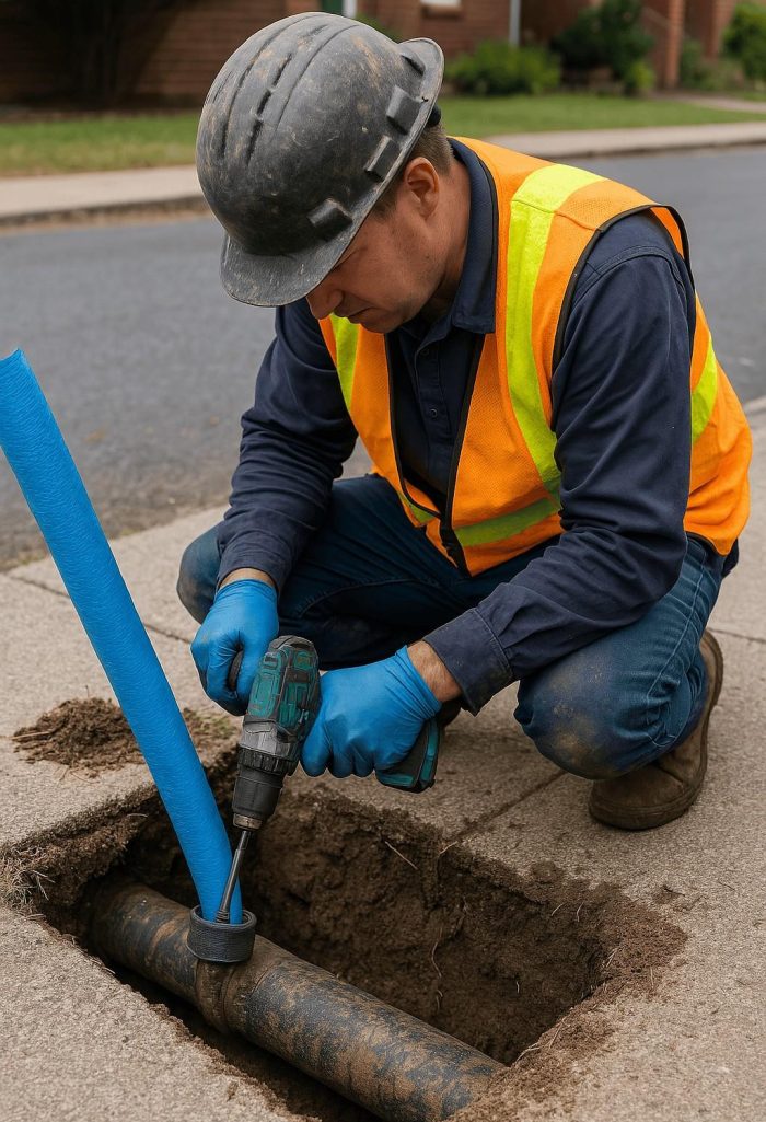 operario-reparando-tuberia-en-madrid técnico reparando tubería bajo tierra con taladro, utilizando equipo de seguridad, reparación sin obras en Madrid.