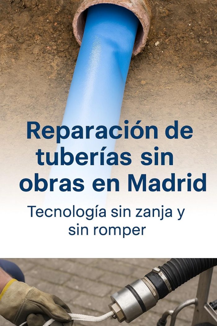 reparacion-tuberias-sin-obras-madrid écnico instalando manga flexible azul en tubería averiada, reparación sin zanja en Madrid.